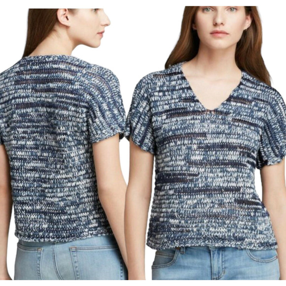 EILEEN FISHER Sweater Top Crochet Style V-Neck Soft Lightweight Cozy Indigo Blue - Picture 11 of 12